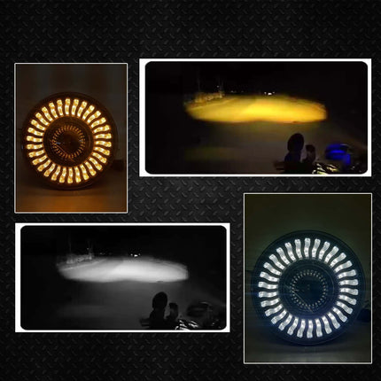 7 inch LED headlight for Royal Enfield, white LED headlight with yellow white DRL, H4 LED headlight for bikes, Mahindra Thar LED headlight, dual color DRL headlight, 12V–80V bike headlight, universal LED headlight for bike and car, high brightness LED headlight, Royal Enfield headlight upgrade, LED projector headlight with DRL, yellow white DRL headlight for motorcycle, 7 inch round LED headlight for Jeep.