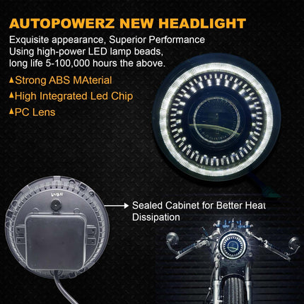 7 inch LED headlight for Royal Enfield, Mahindra Thar LED headlight, 100W round LED headlight, white LED headlight with yellow white DRL, AC DC 12V–80V headlight, high power bike headlight, waterproof LED headlight, universal 7 inch LED light, Royal Enfield LED headlamp