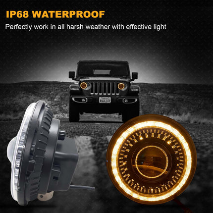 7 inch LED headlight for Royal Enfield, Mahindra Thar LED headlight, 100W round LED headlight, white LED headlight with yellow white DRL, AC DC 12V–80V headlight, high power bike headlight, waterproof LED headlight, universal 7 inch LED light, Royal Enfield LED headlamp