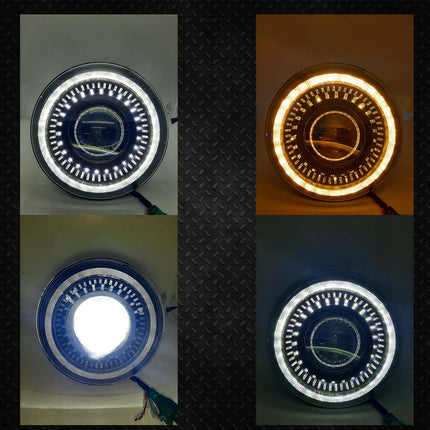 7 inch LED headlight for Royal Enfield, Mahindra Thar LED headlight, 100W round LED headlight, white LED headlight with yellow white DRL, AC DC 12V–80V headlight, high power bike headlight, waterproof LED headlight, universal 7 inch LED light, Royal Enfield LED headlamp
