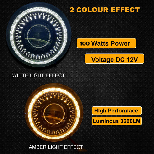 7 inch LED headlight for Royal Enfield, Mahindra Thar LED headlight, 100W round LED headlight, white LED headlight with yellow white DRL, AC DC 12V–80V headlight, high power bike headlight, waterproof LED headlight, universal 7 inch LED light, Royal Enfield LED headlamp